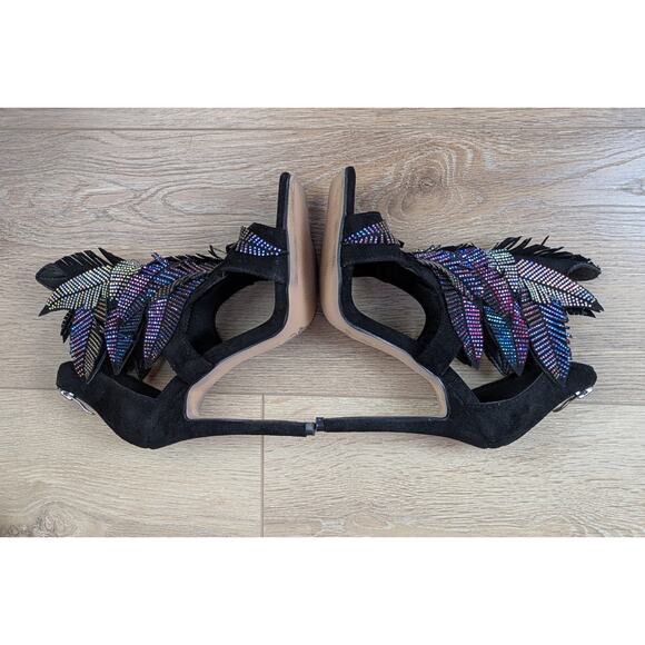 Azalea Wang Lianna Bootie Heels 6 Black Multicolor Crystal Feather Applique Glam - Picture 4 of 11
